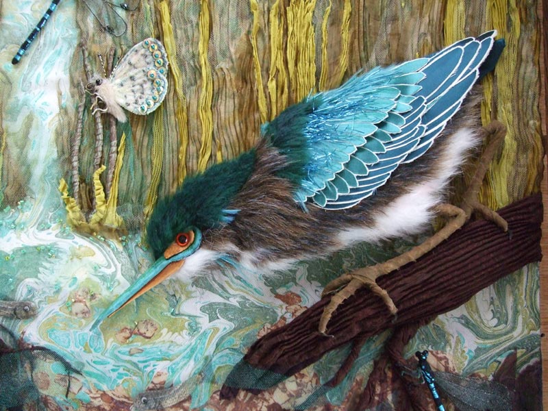 Alice Frenz green heron in the shallows water fabric collage illustration butterfly